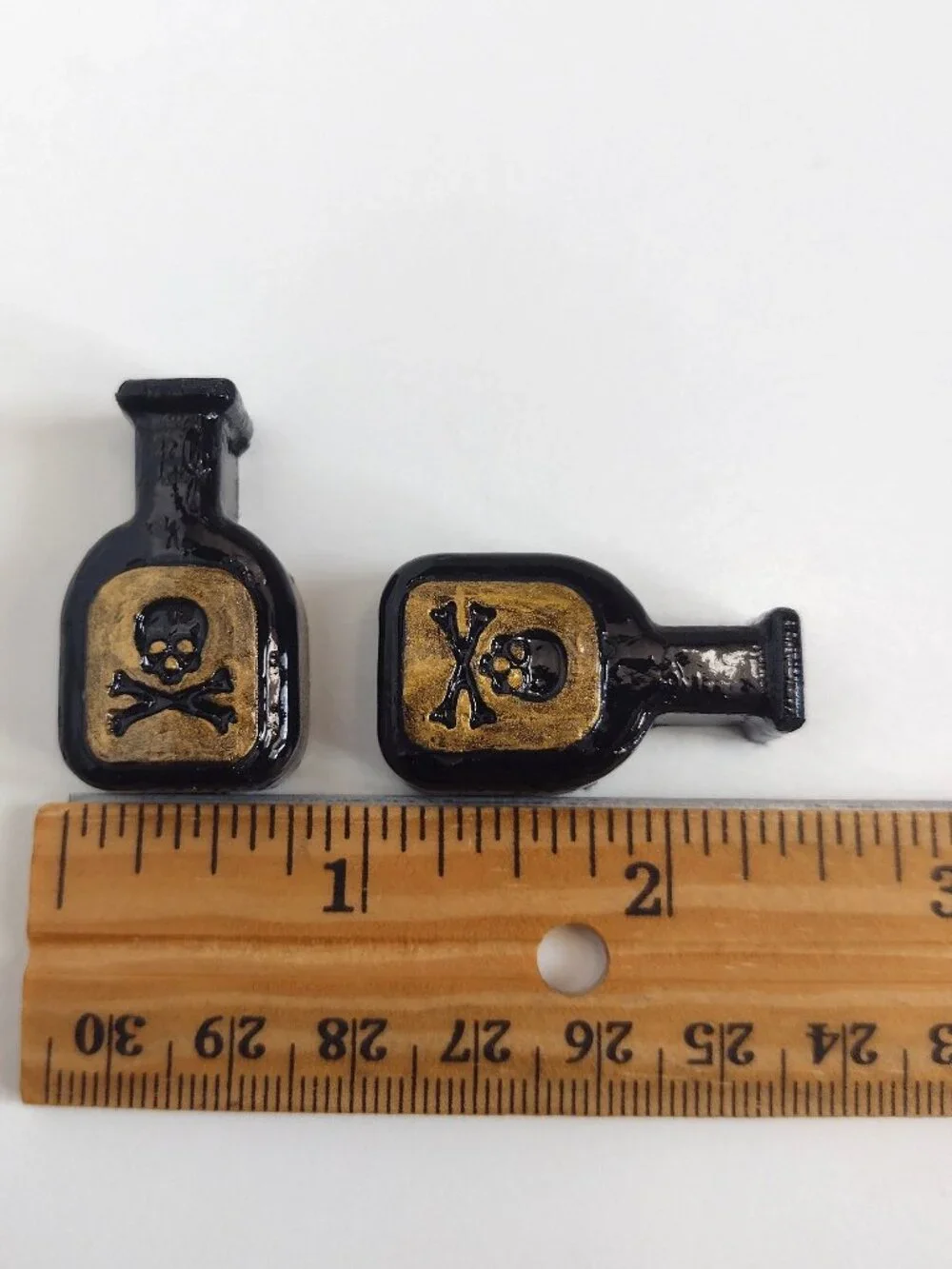 2 Black & Gold Gothic Halloween Apothecary Bottles, Skull & Crossbones Flat-back